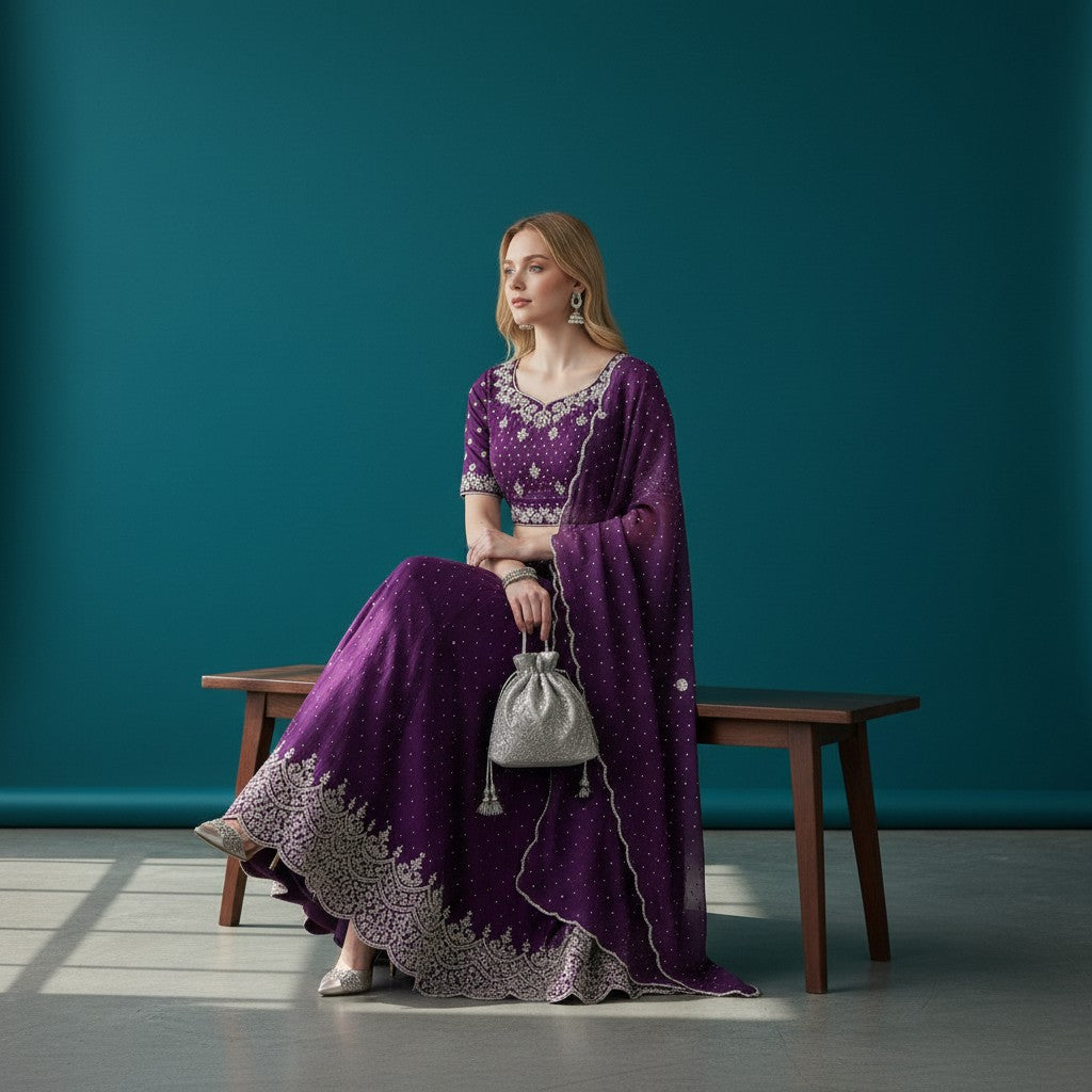 Deep Purple Lehenga Set with Floral Embroidery and Stone Work