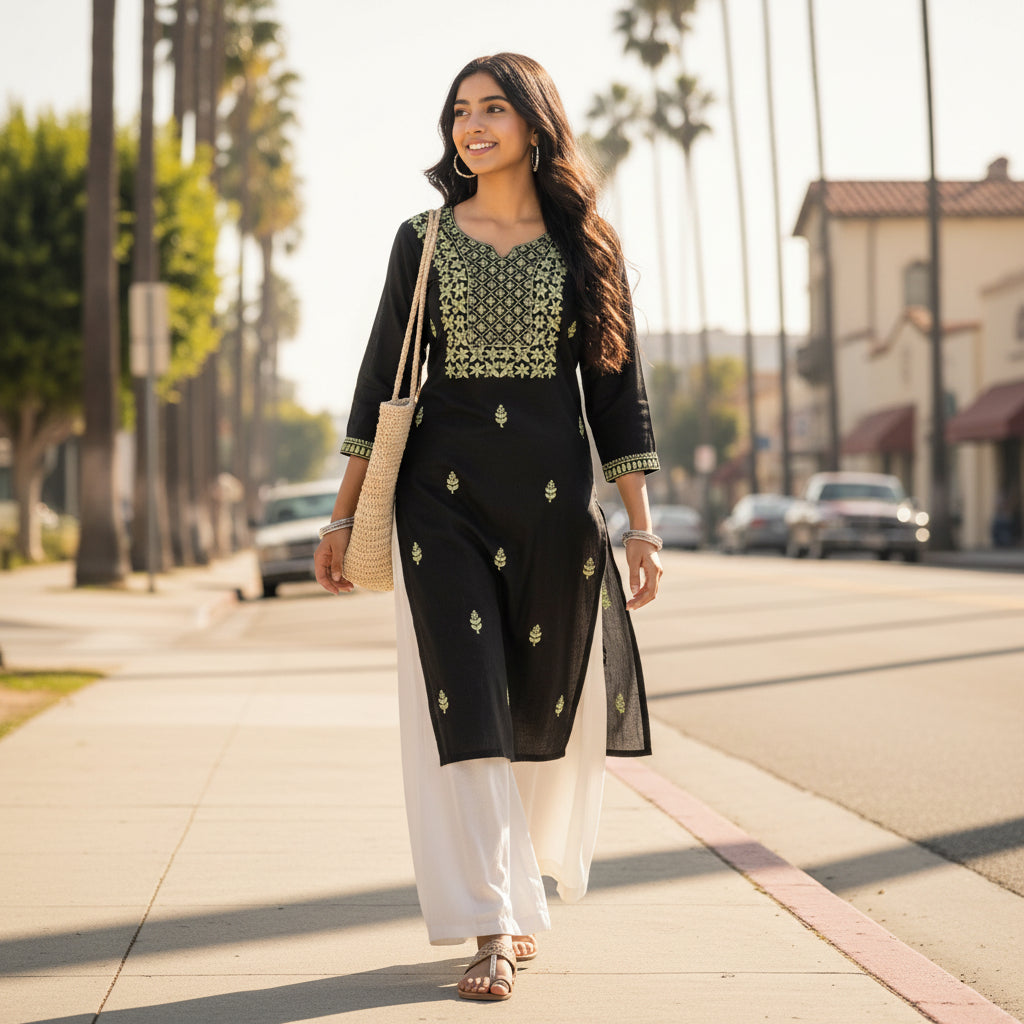 Black Straight Short Kurti with Sage Green Floral & Geometric Embroidery