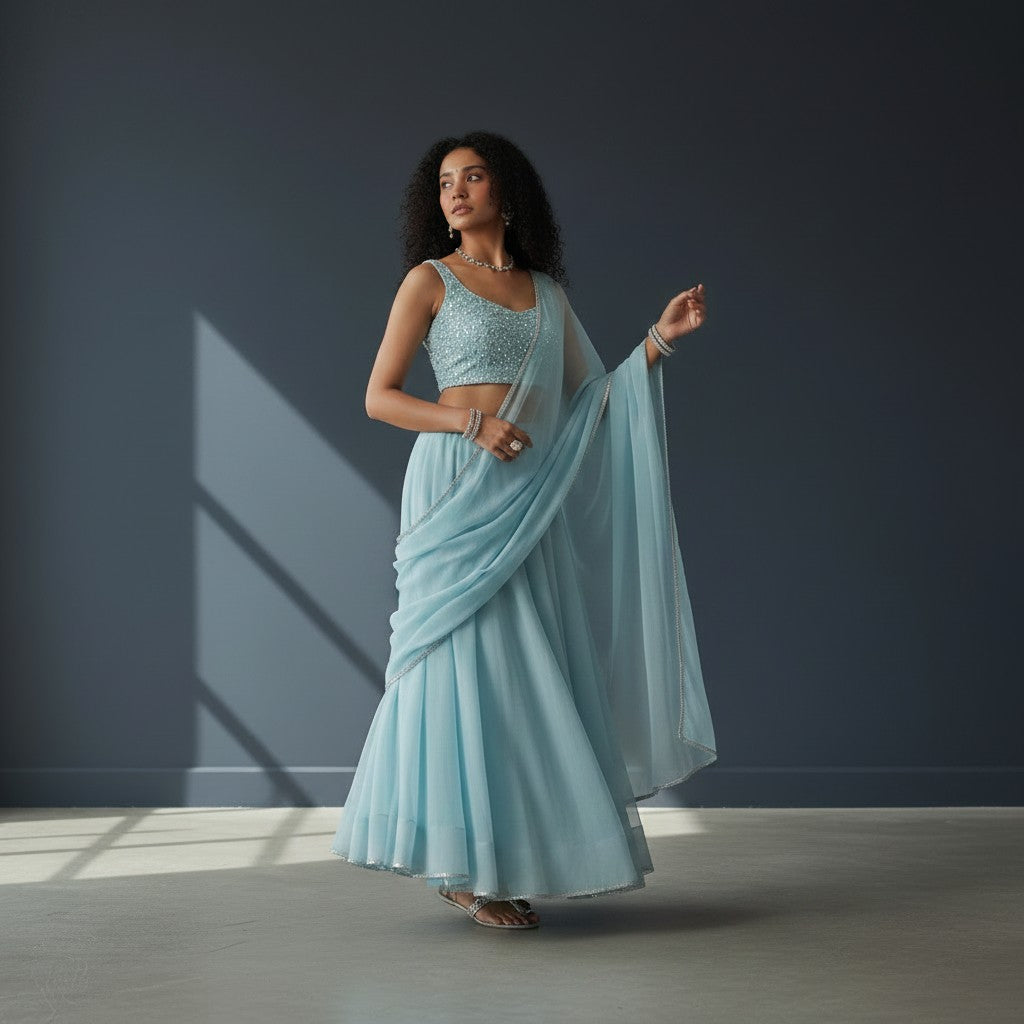 Ice Blue Sequined Lehenga Choli Set