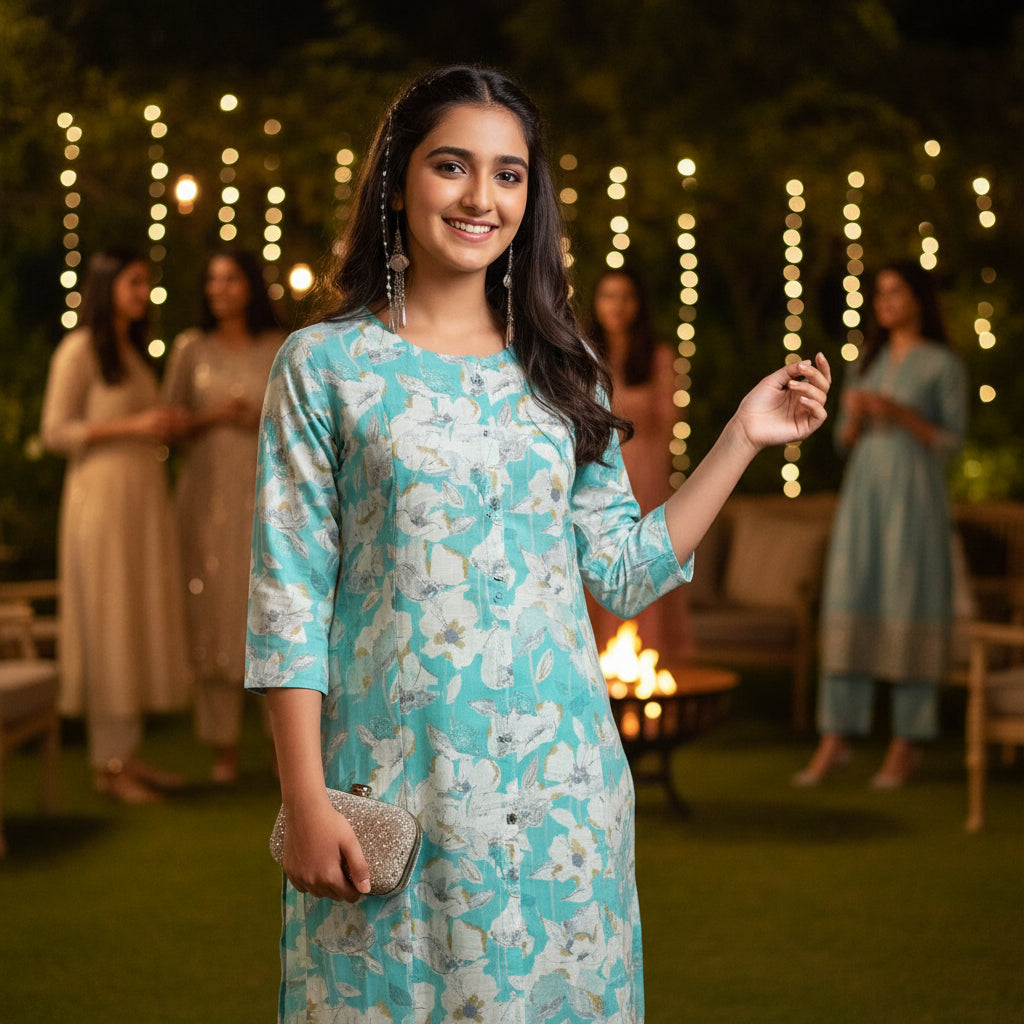 Seafoam Floral Easy-Feed Nursing Kurta with Striped Trousers