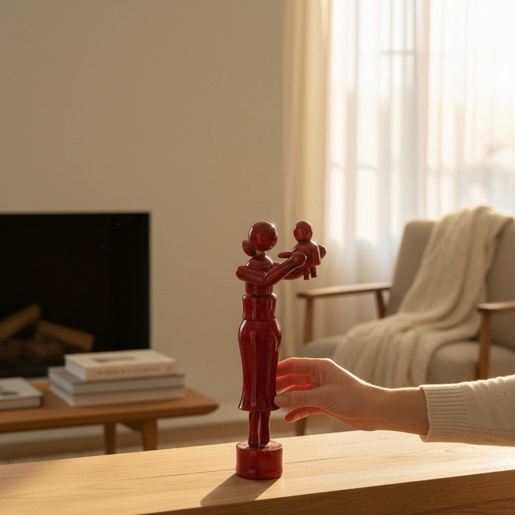 Wooden Mother & Child Red Sculpture