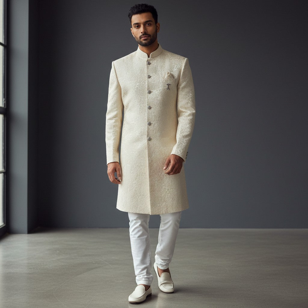 A Off White Self Design Sherwani