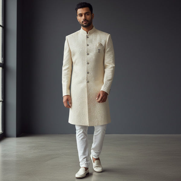 A Off White Self Design Sherwani