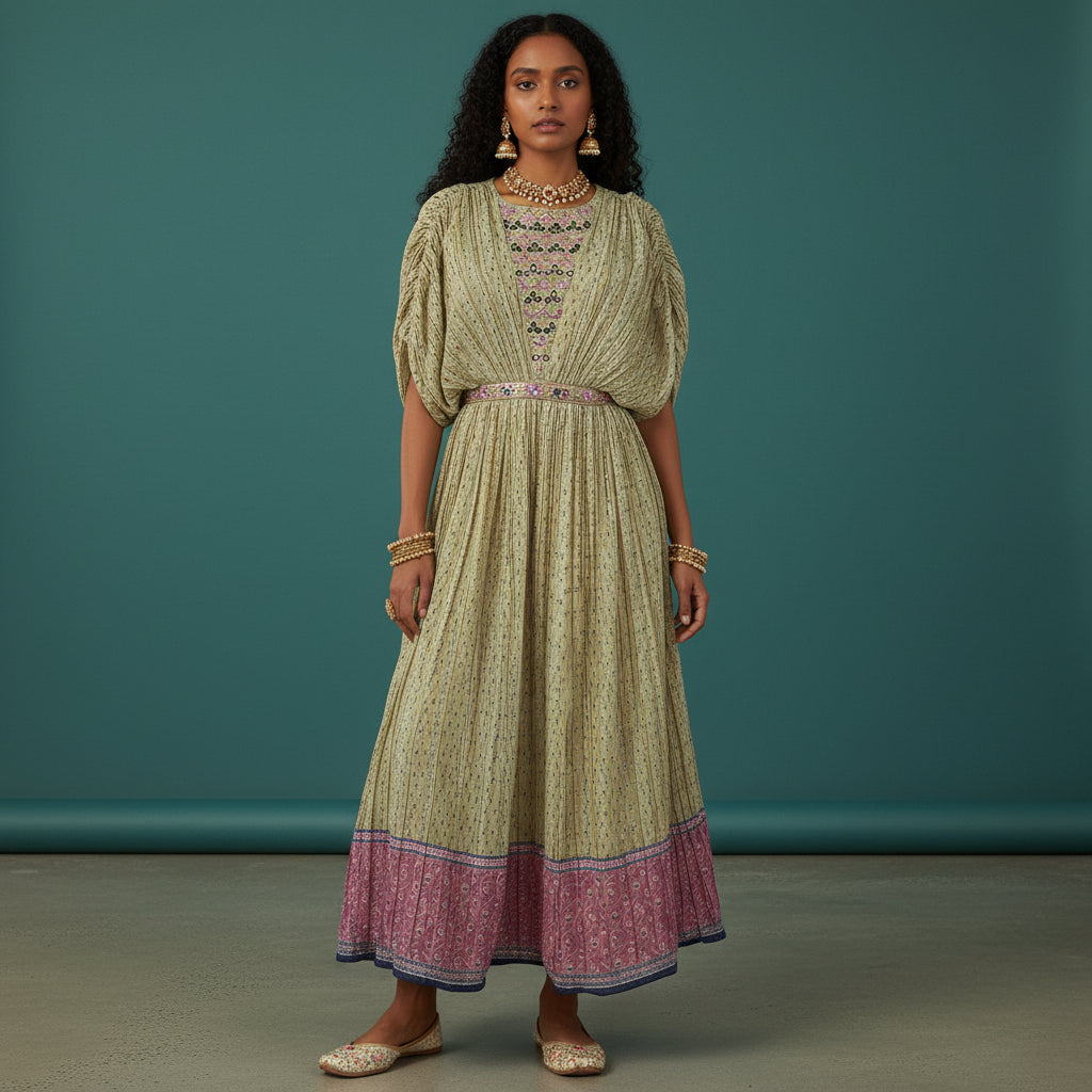 Pleated Textured Fabric with Checkered Print Accents Kurta Set