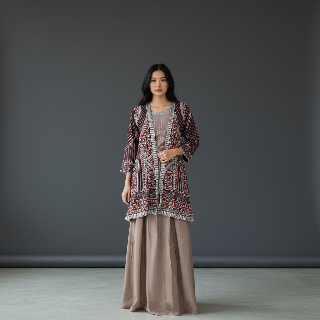 Textured Georgette Embroidered Long Jacket Over Floor-Length Dress