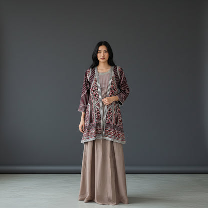 Textured Georgette Embroidered Long Jacket Over Floor-Length Dress