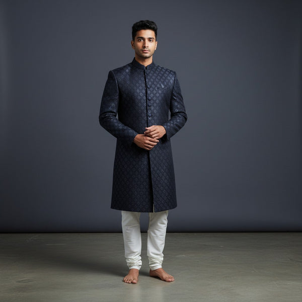 Blue Self Design Men's Sherwani with Nehru Jacket