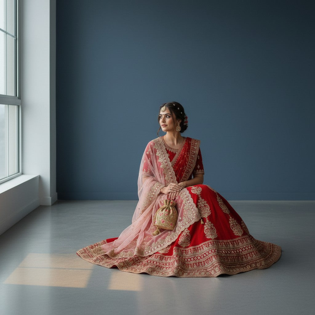 Traditional Red Velvet Silk Lehenga with Gold Embroidery and Peach Dupatta
