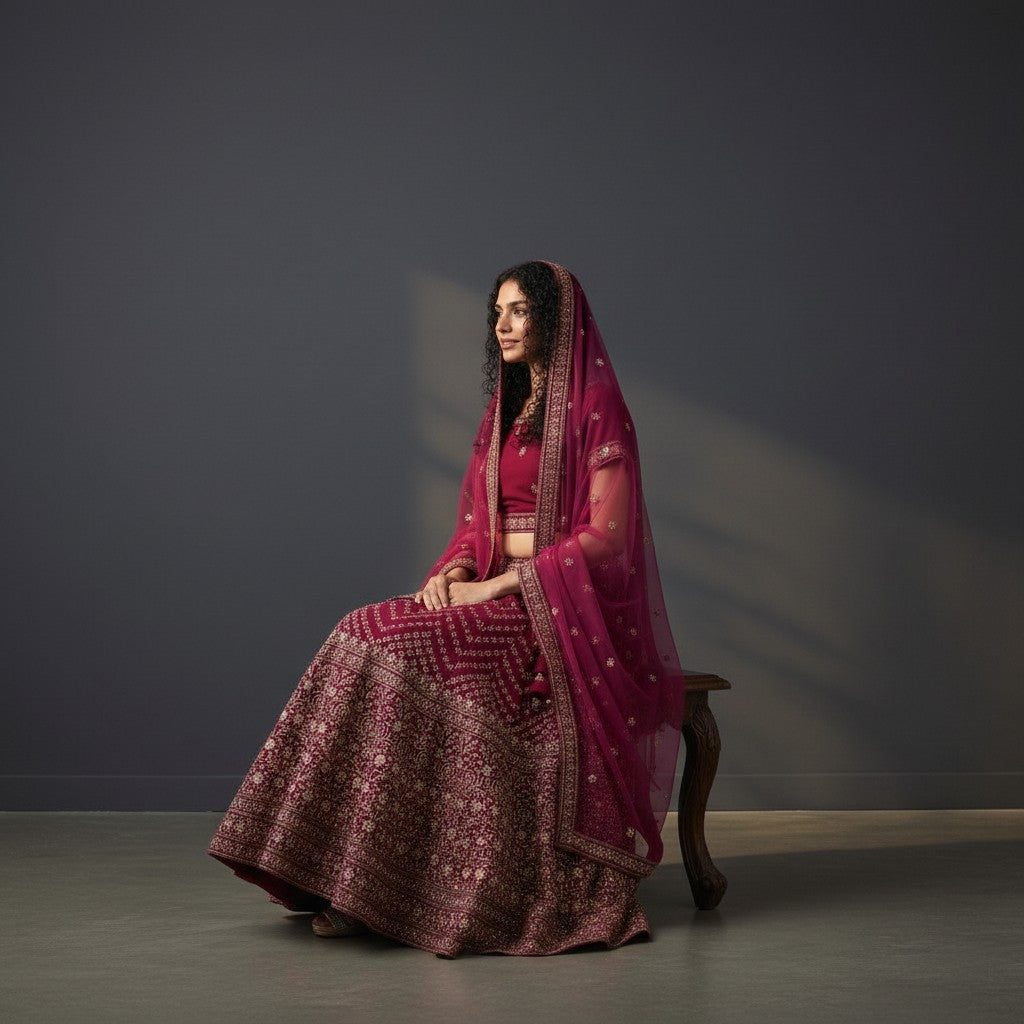 Magenta Velvet Lehenga with Gold Zari and Sequin Chevron Skirt