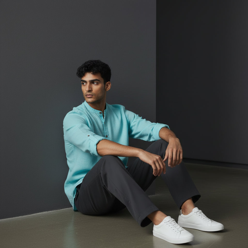 Men's Sky Blue Linen Cotton Half Kurta