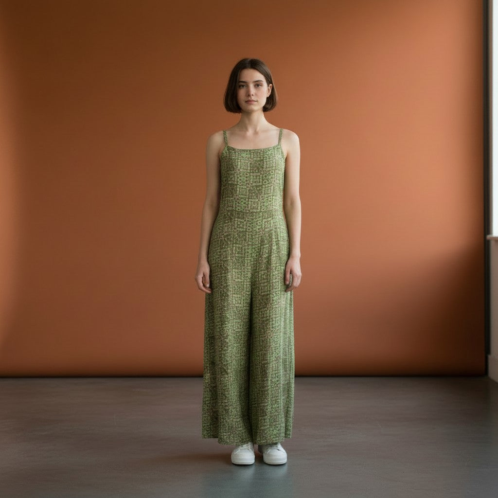 Sleeveless Spaghetti Strap Jumpsuit with Geometric Block Print