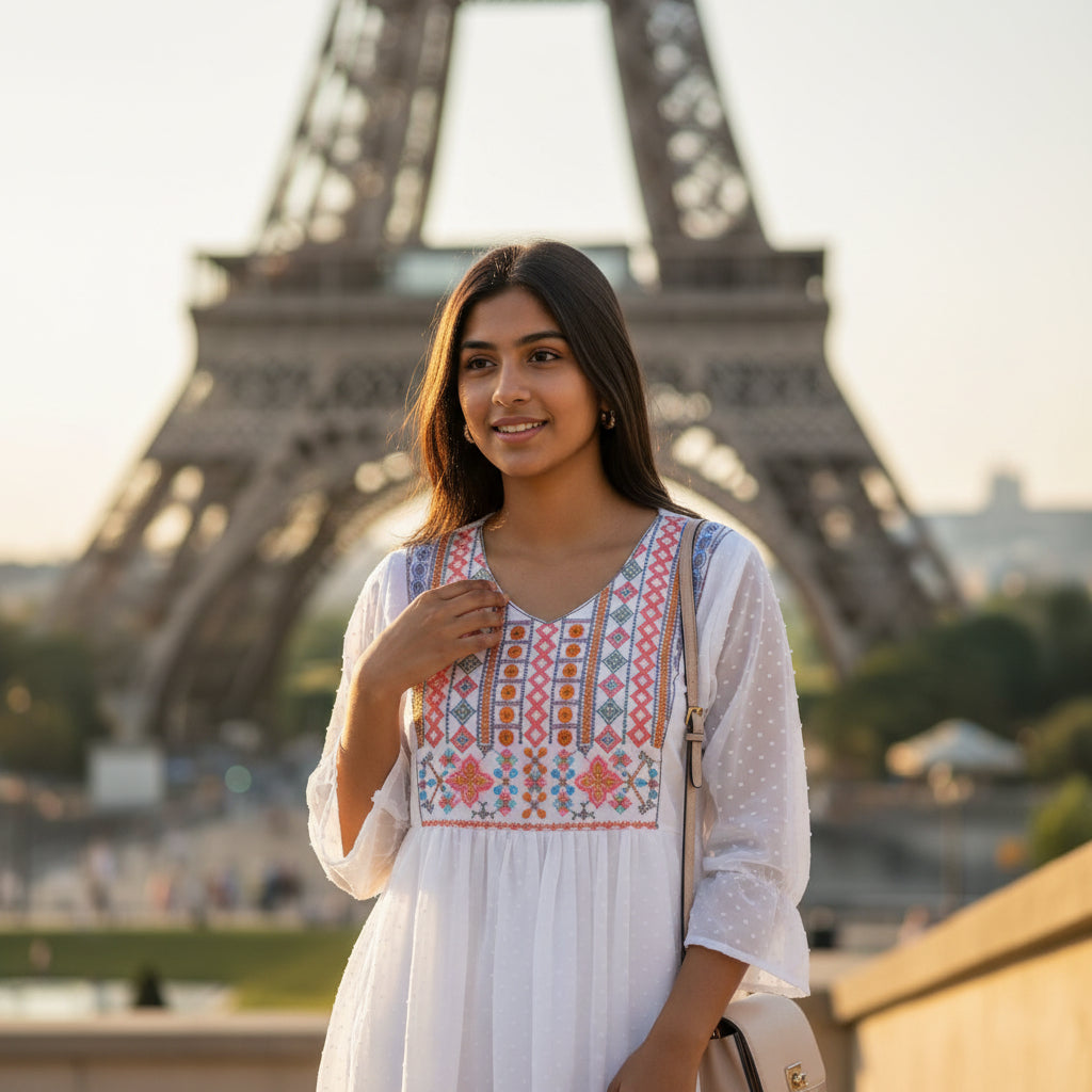 Swiss Dot Chiffon Tunic with Geometric Embroidery