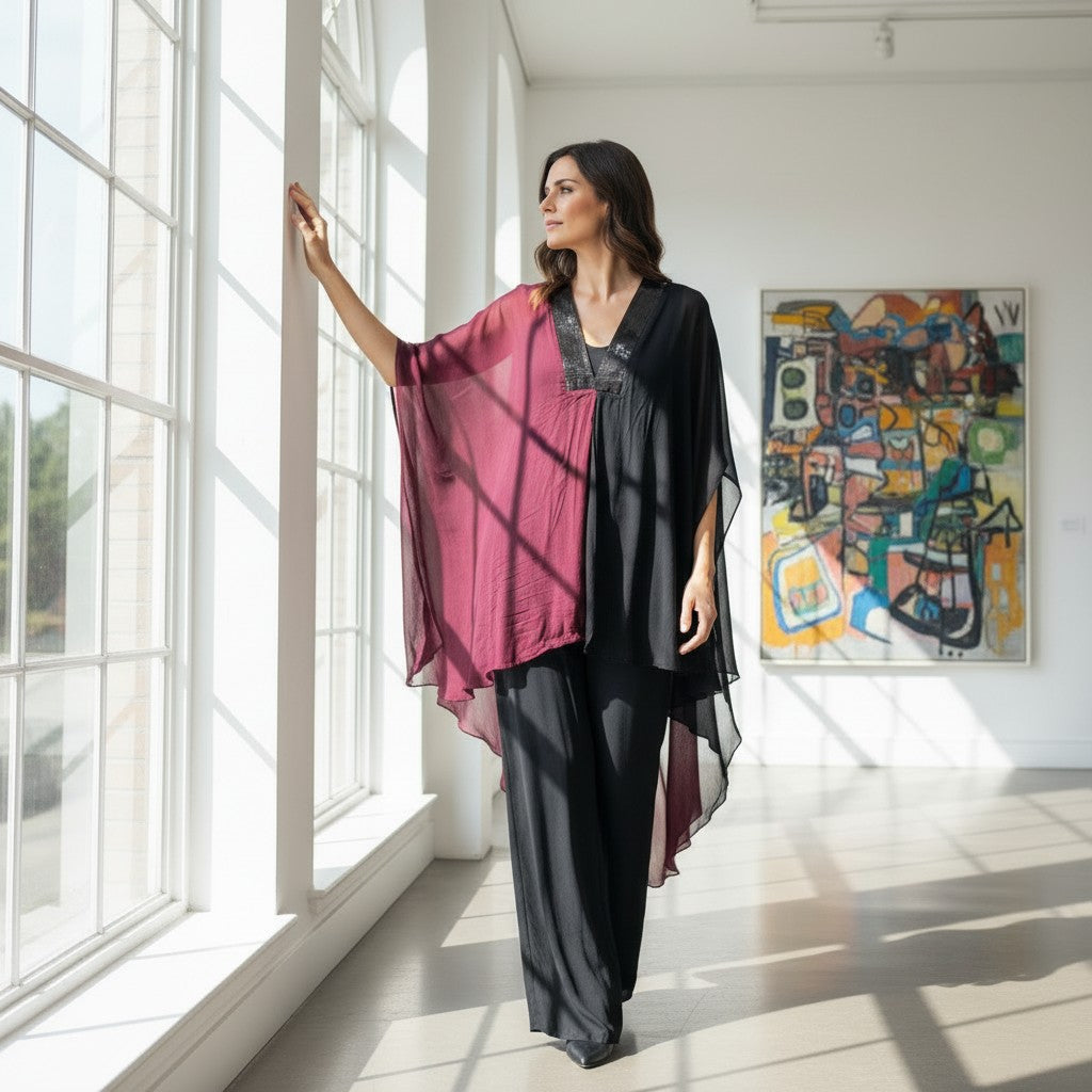 Ladies 3PC Set: Crop top, wide-leg trousers, and asymmetrical bi-color overlay