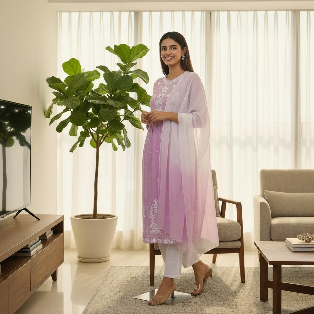 Lavender Chikankari Style Suit with white floral embroidery and white pants