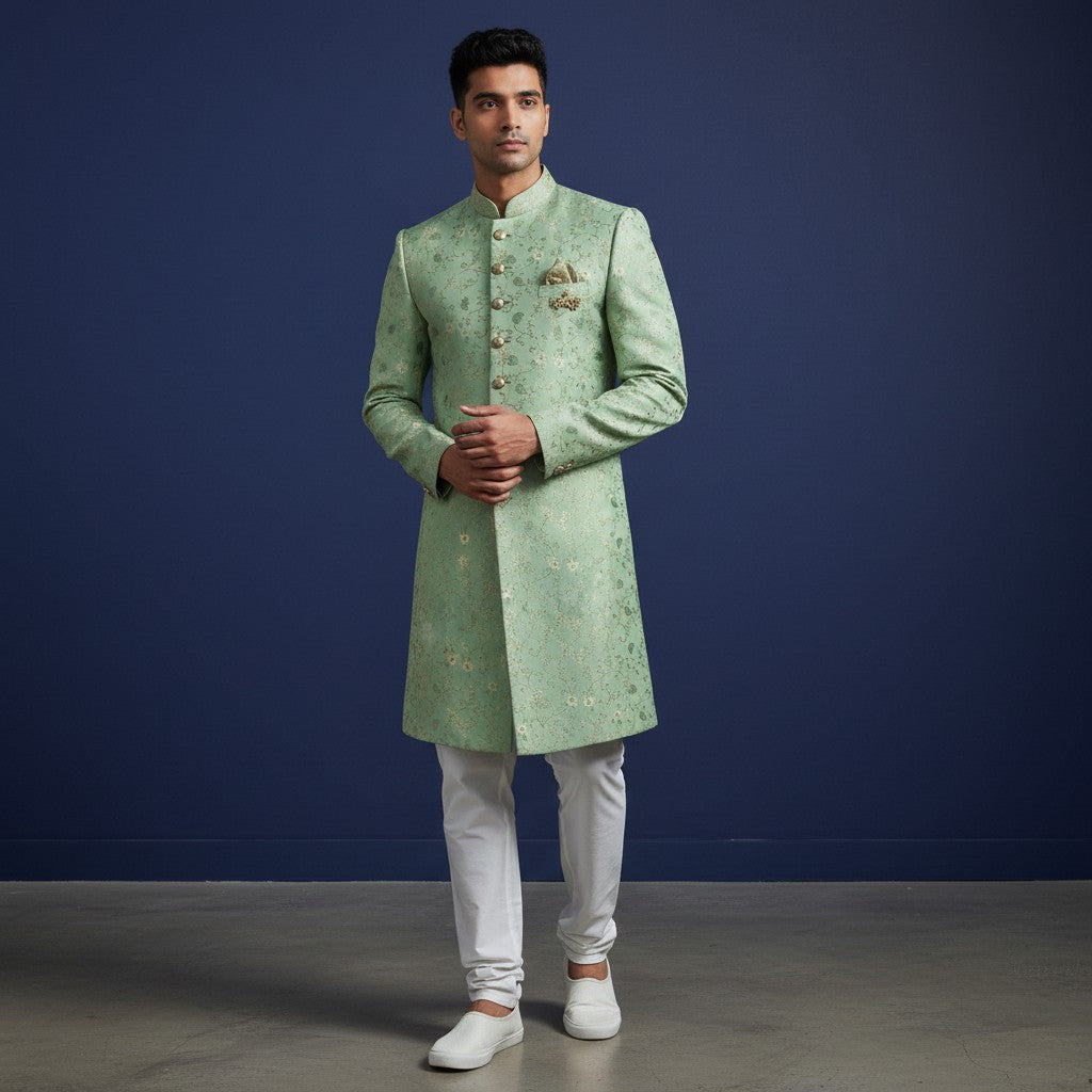 Light Green and Gold Embroidered Men's Sherwani