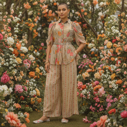 Printed Fabric Co-ord Set with Metallic Stripes