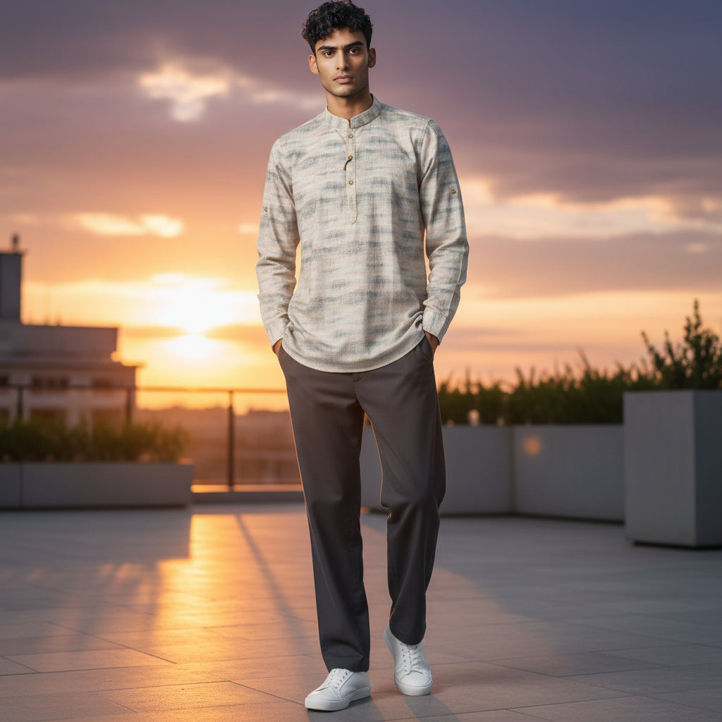 Funky Men's Band Collar Kurta - Peach Hue
