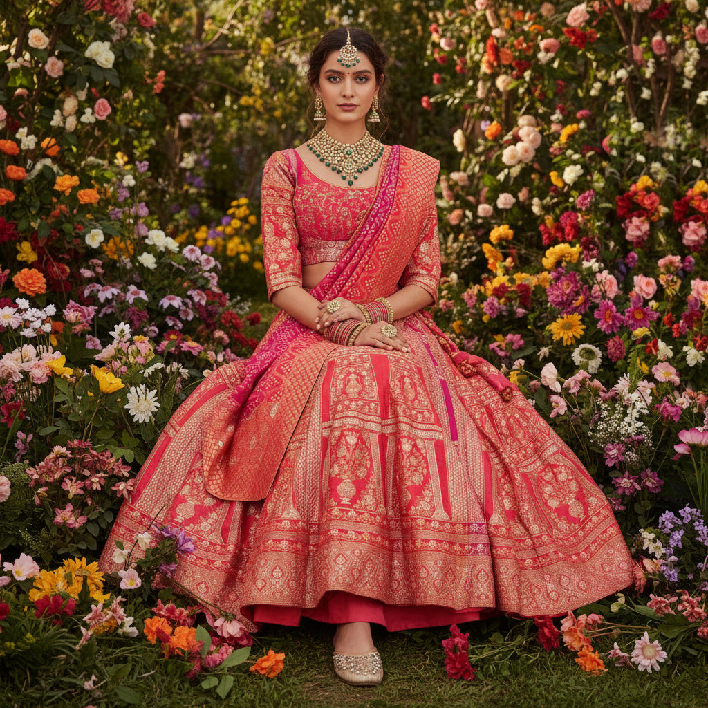 Heavy Banarasi Silk Lehenga Geometric Patterns