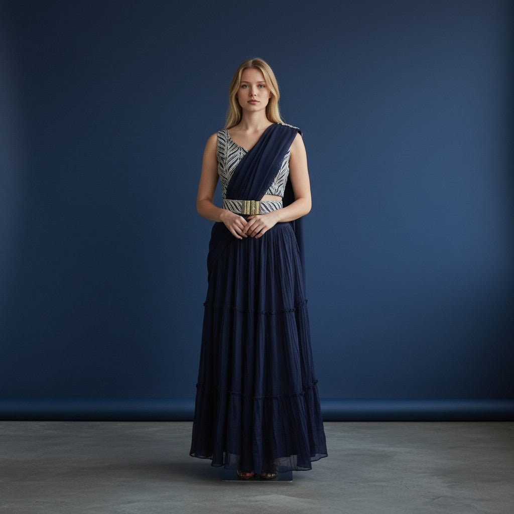Navy Blue Tiered Lehenga with Sequined Blouse