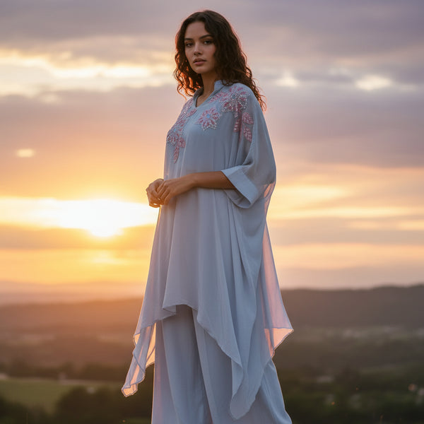 Light Blue with Pink Floral Shoulder Beadwork Kaftan