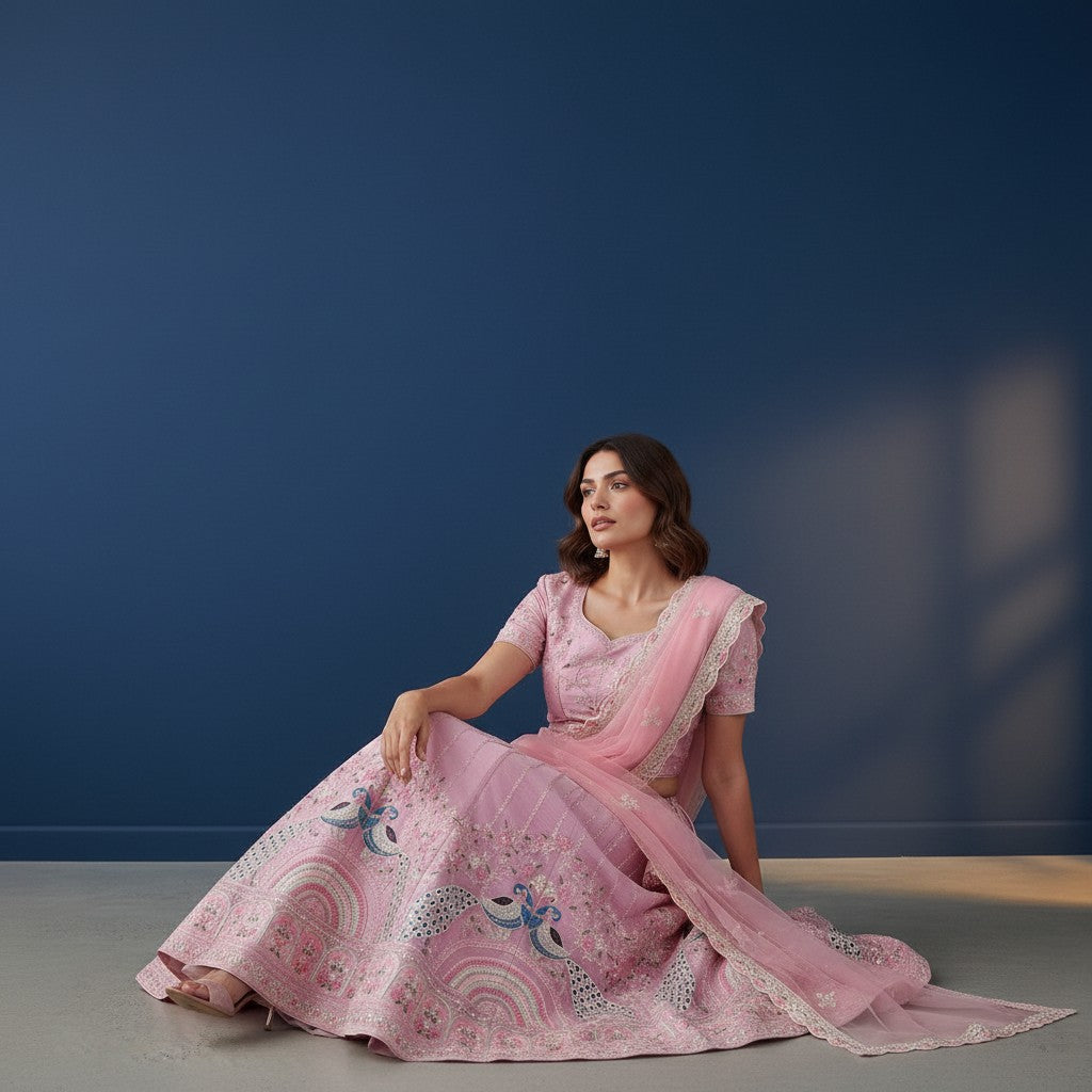 Vibrant Lehenga with Peacock Motif Embroidery and Light Pink Net Dupatta