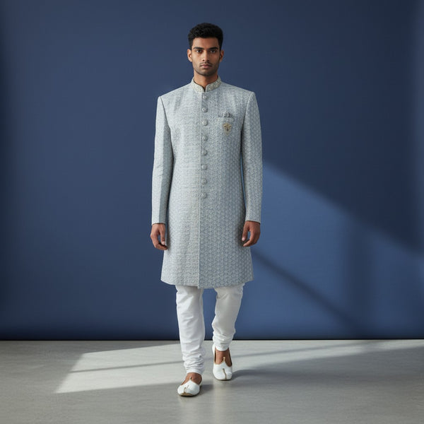 Light Blue Embroidered Jacquard Sherwani with Terry Rayon