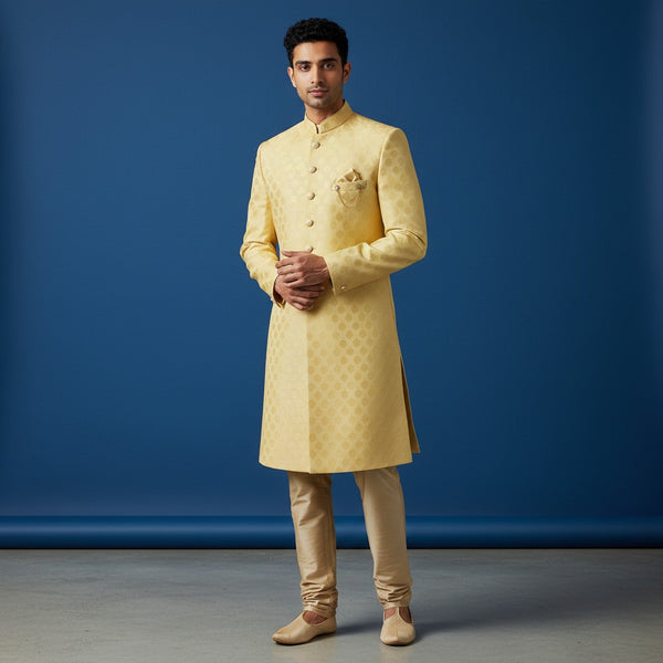 A Yellow Self Design Sherwani