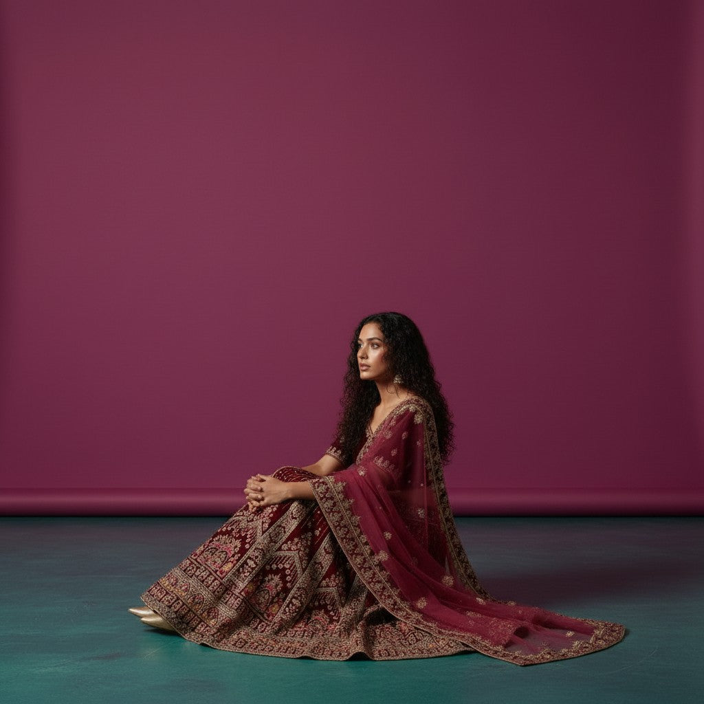 Deep Maroon Velvet Lehenga with Gold Zari and Sequin Embroidery