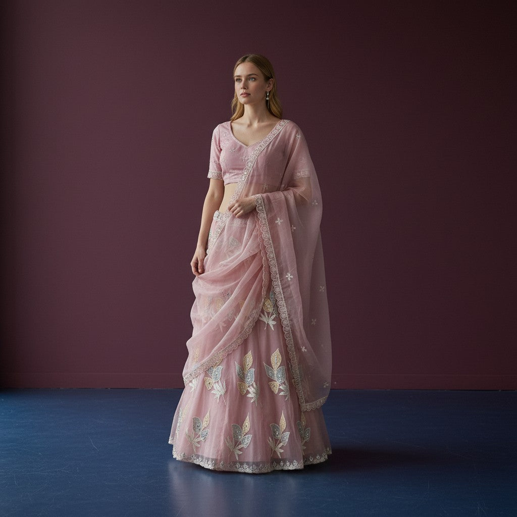 Delicate Dusty Rose Lehenga with Floral Leaf Motifs