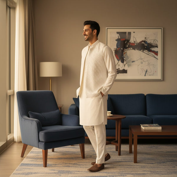 Men White Kurtah Nehru Jacket Set (3 Piece)