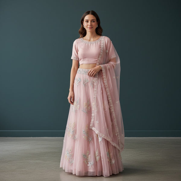 Delicate Dusty Rose Lehenga with Floral Leaf Motifs