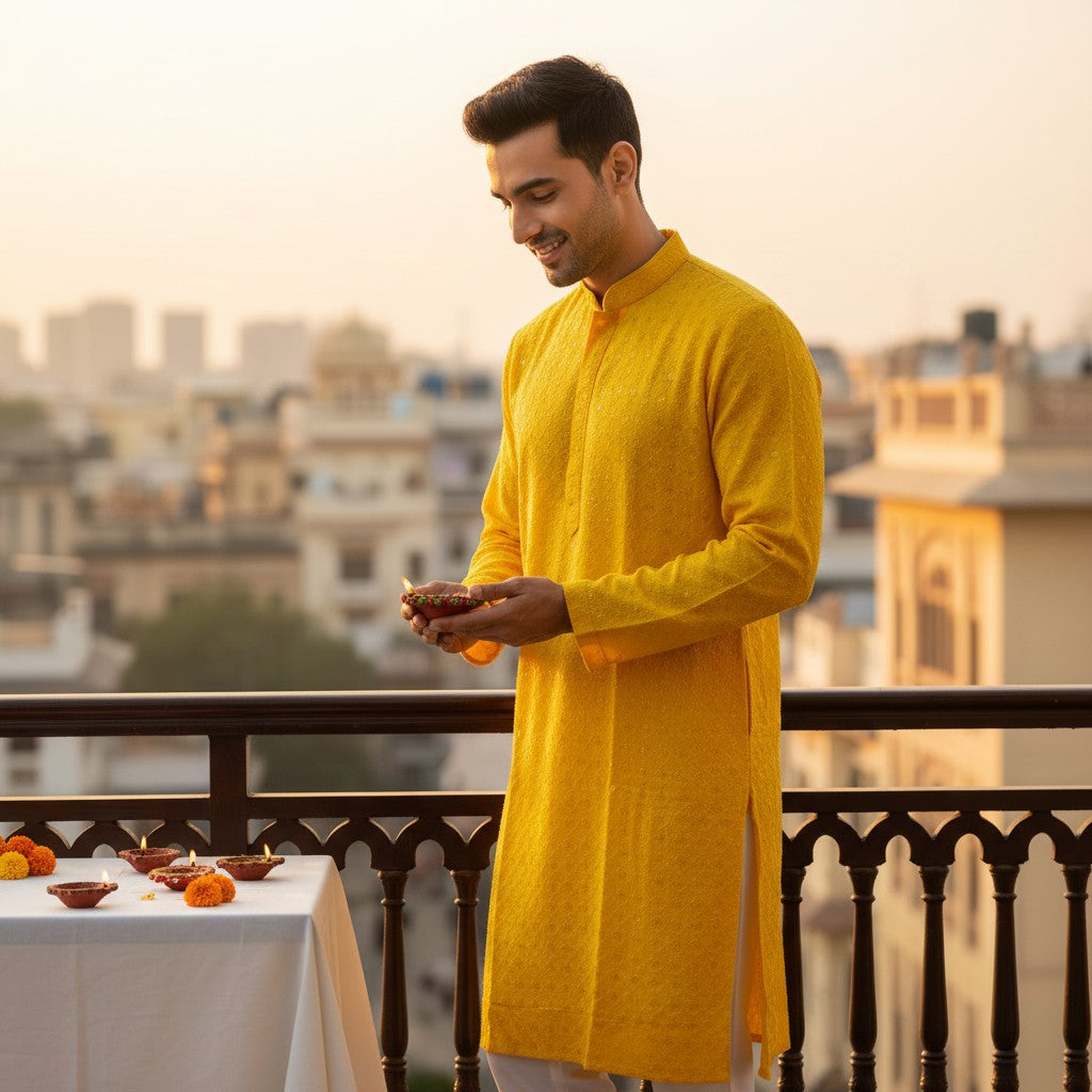Men's Yellow Chikankari Embroidered Sequinned Kurta Set