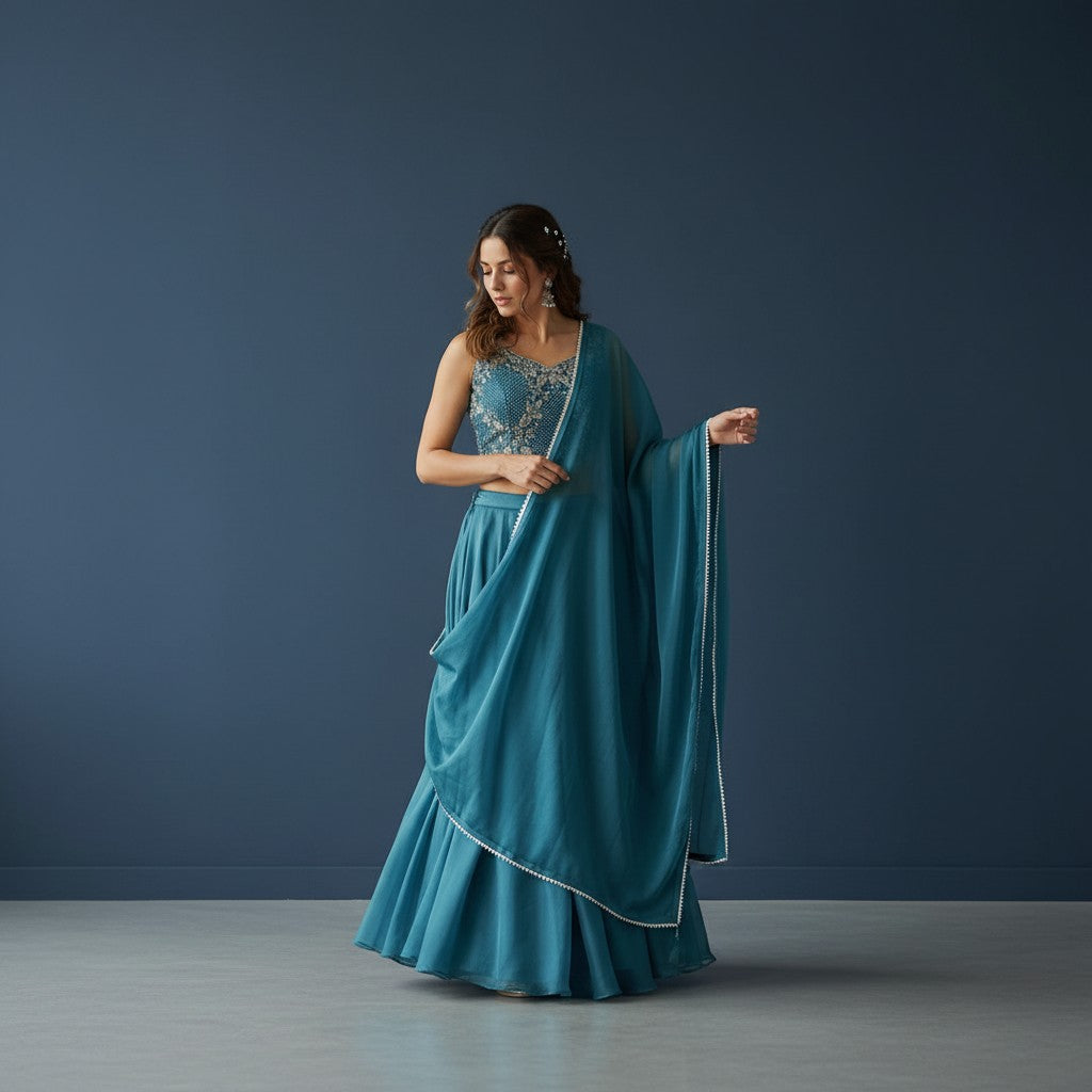 Teal Blue Heavy Embellished Lehenga Set with Pearl & Beadwork