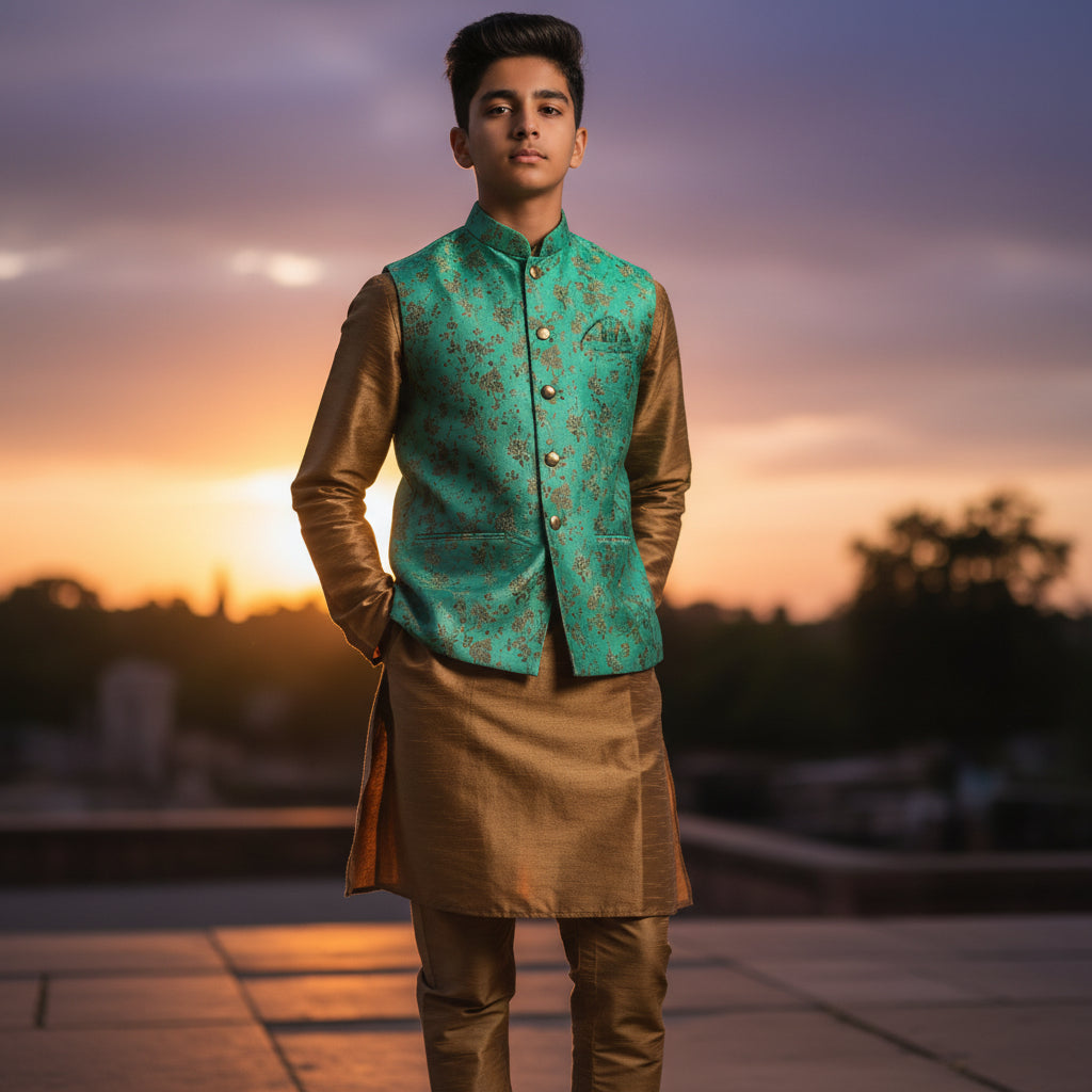 Men 3 Piece Set - Turquoise Nehru Jacket with Kurta and Churidar