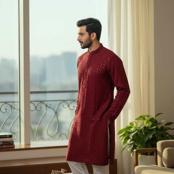 Chikankari Embroidered Sequinned Kurta Set Maroon