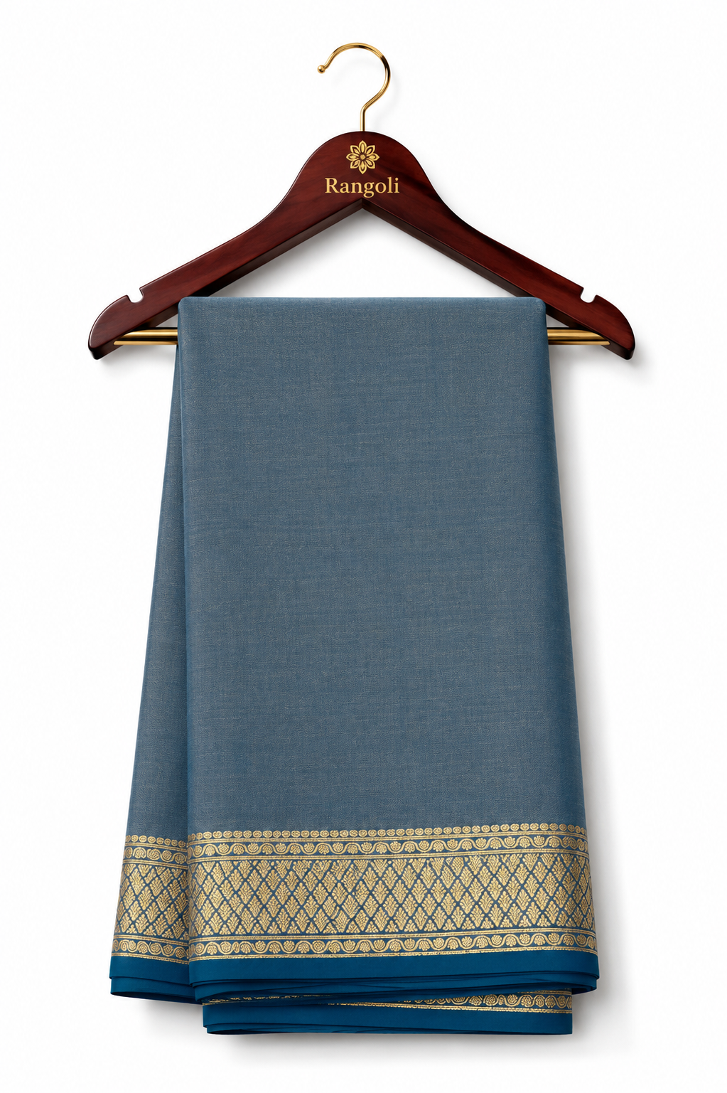 Mysore Pure Silk Saree in Grey-Blue with Gold Border
