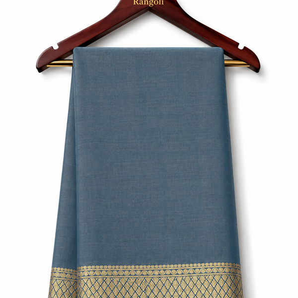 Mysore Pure Silk Saree in Grey-Blue with Gold Border