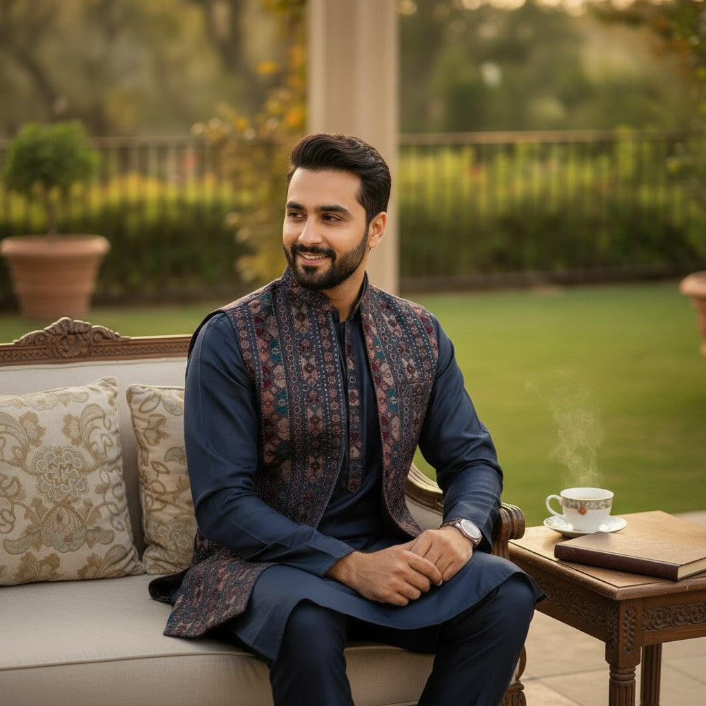 Men Navy Blue Kurta Set with Embroidered Burgundy Waistcoat