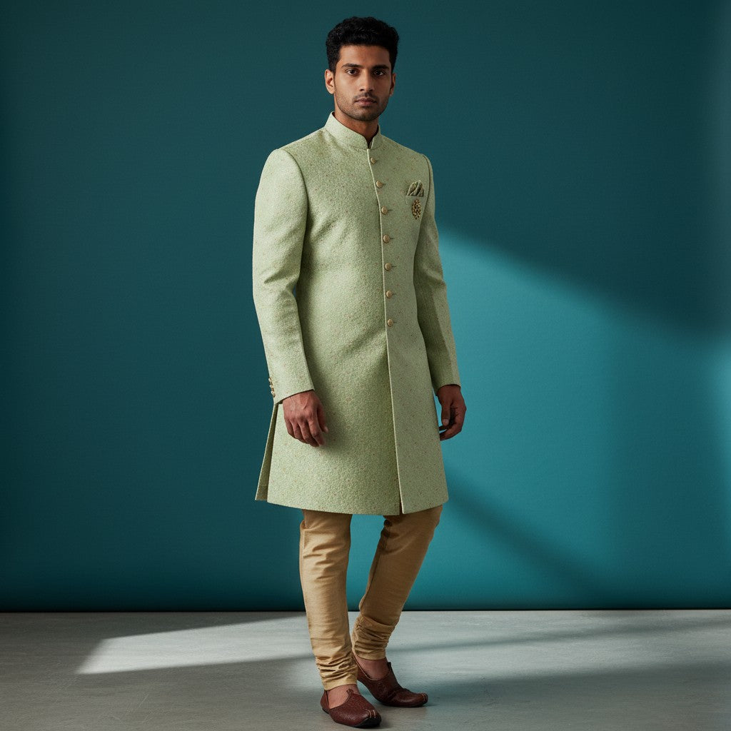 A Light Green Embroidered Men's Sherwani