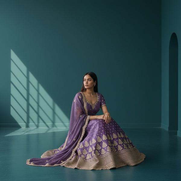 Royal Purple Lehenga Choli with Gold Zari Floral Embroidery