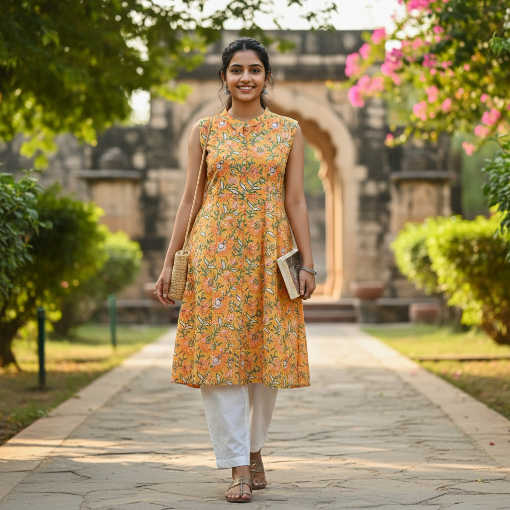 Rayon/Cotton Silk Floral Tunic Sleeveless Button-Down