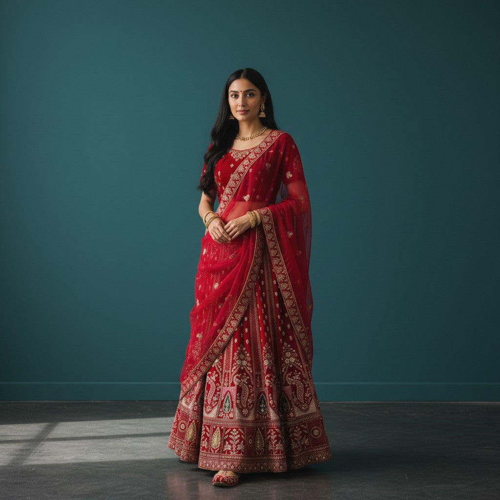 Traditional Red Velvet Lehenga with Gold Embroidery