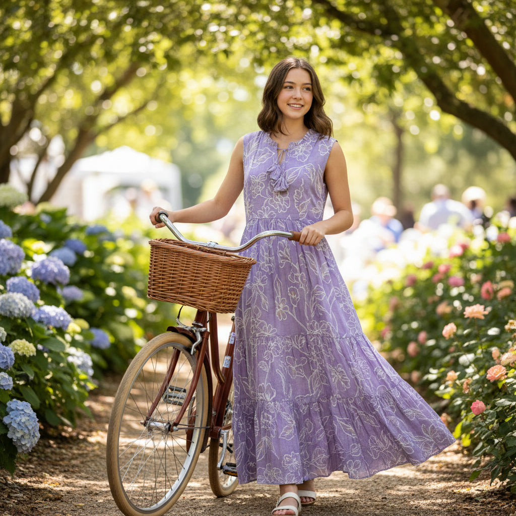 Sleeveless Tiered Maxi Dress with Floral Outlines - Lavender