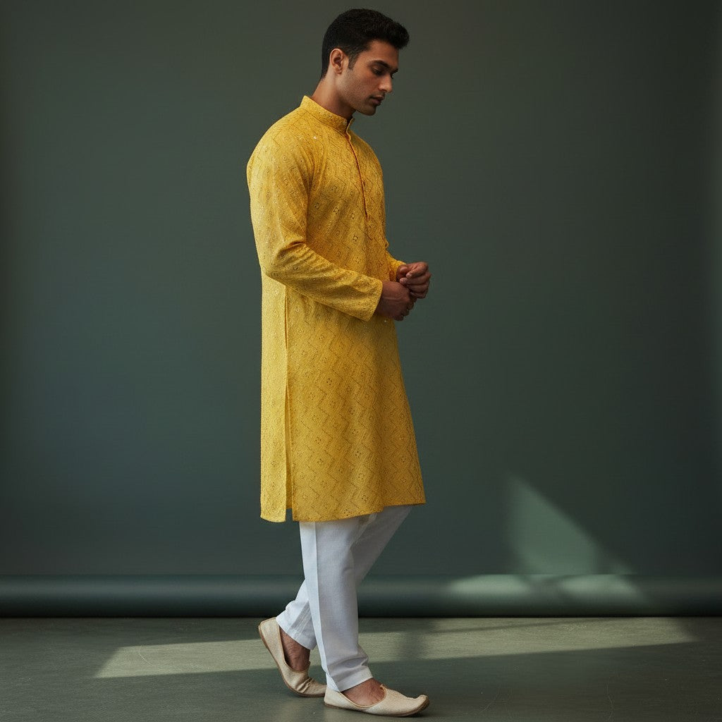 Men's Yellow Designer Kurta for Festive Occasions