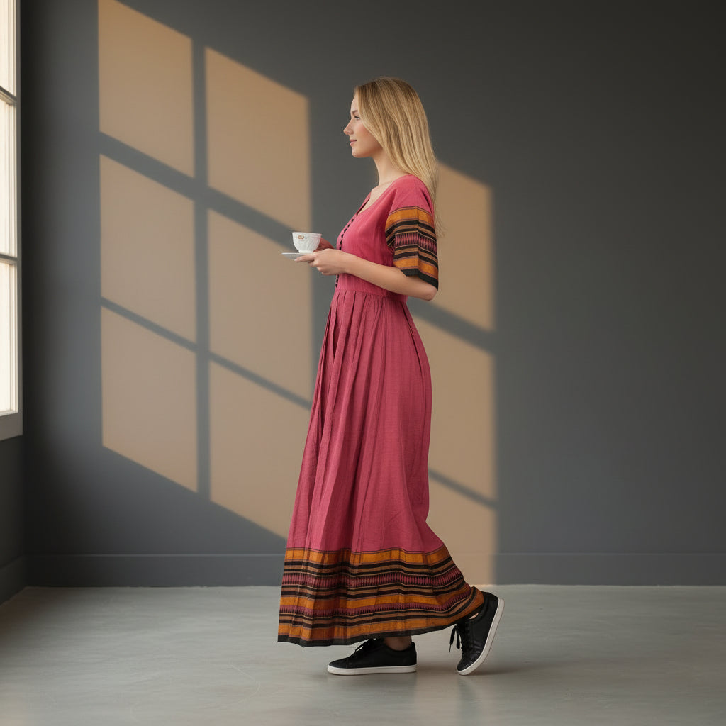 Cotton Slub Long Dress with Geometric Border