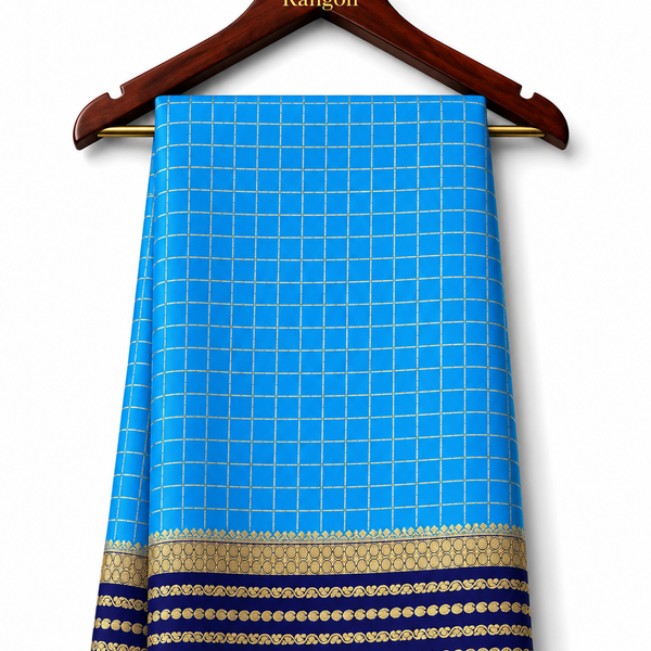 Mysore Pure Silk Checks Bentex Butta Saree - Sky Blue (120gsm)