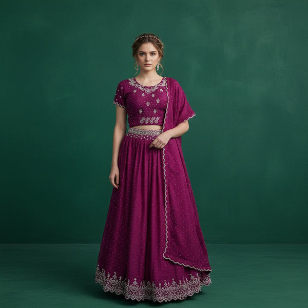 Deep Magenta Sequin Embroidered Lehenga with Floral Blouse and Dupatta