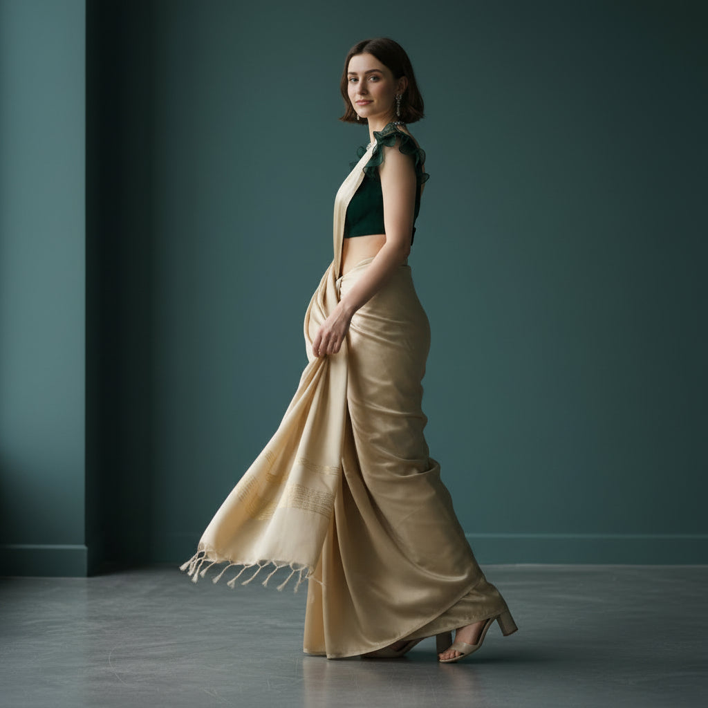 Soft Satin Organza Ruffle Sleeve Designer Blouse