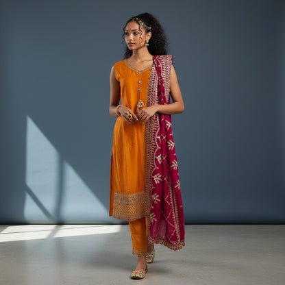 Silk Blend Kurta Set with Heavy Zari Border