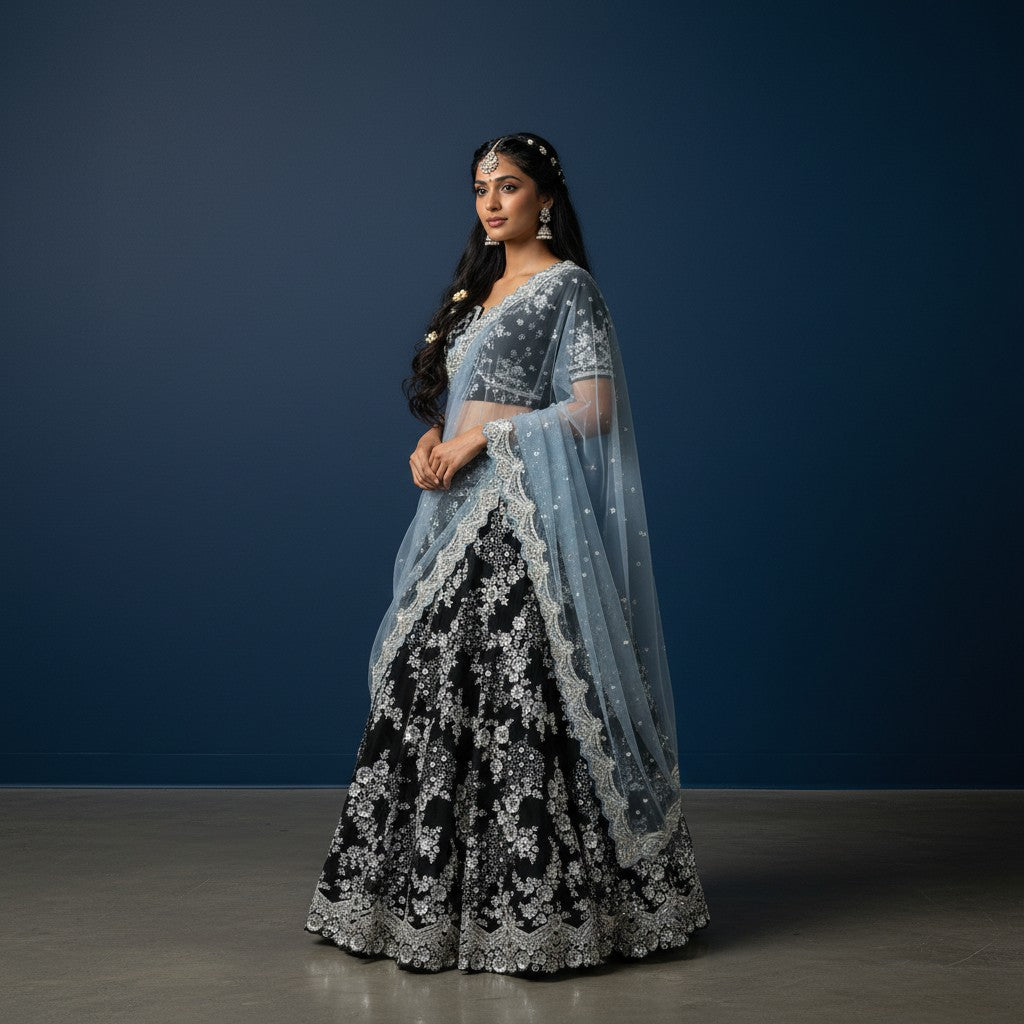 Black & Silver Embroidered Velvet Lehenga with Blue Choli and Dupatta